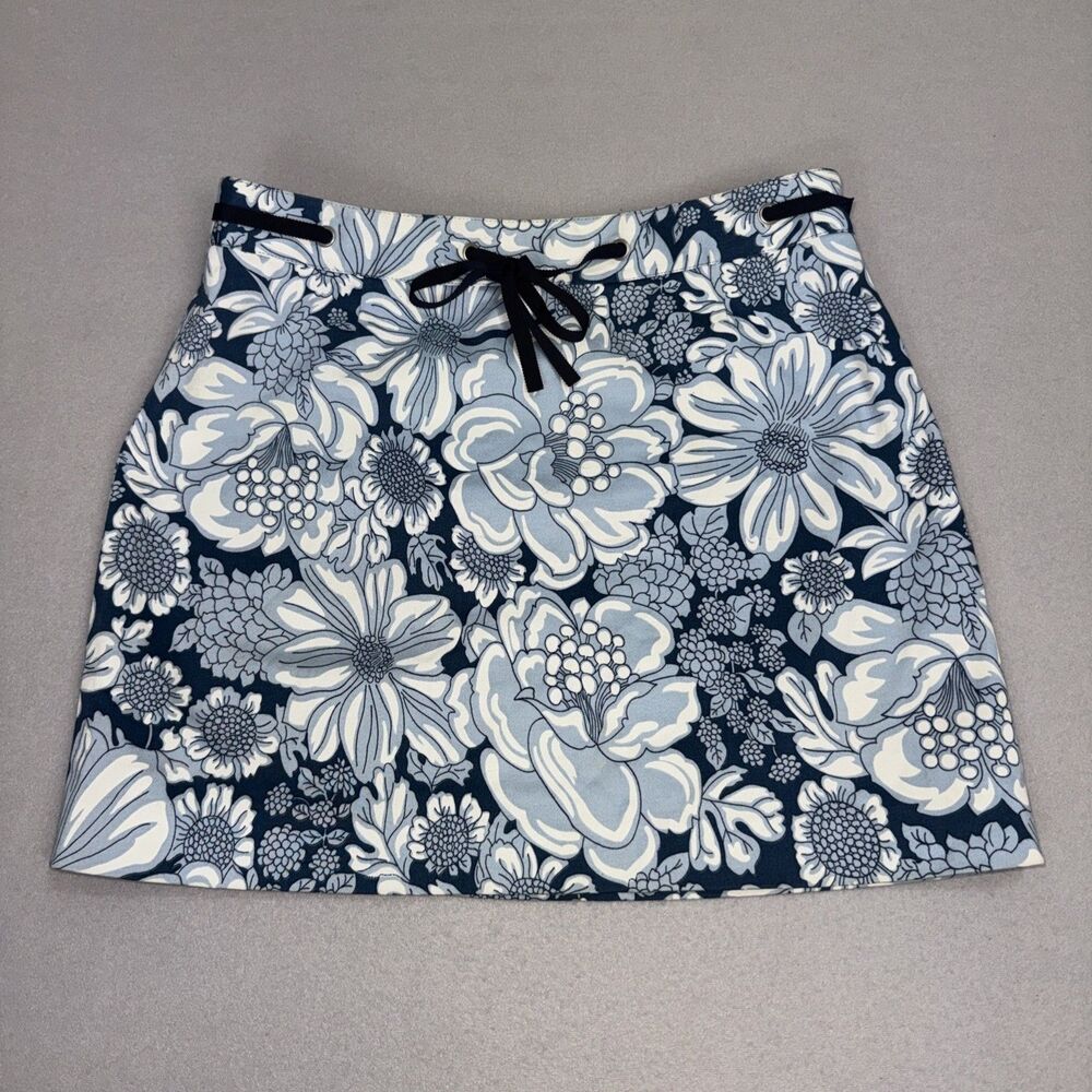 Tibi Women Blue Floral Mini Skirt Ribbon Waist Side‎ Zip vintage Sz 4